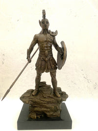 Bronzefigur Spartaner mit Speer und Schild - Bronze Krieger auf Marmorsockel