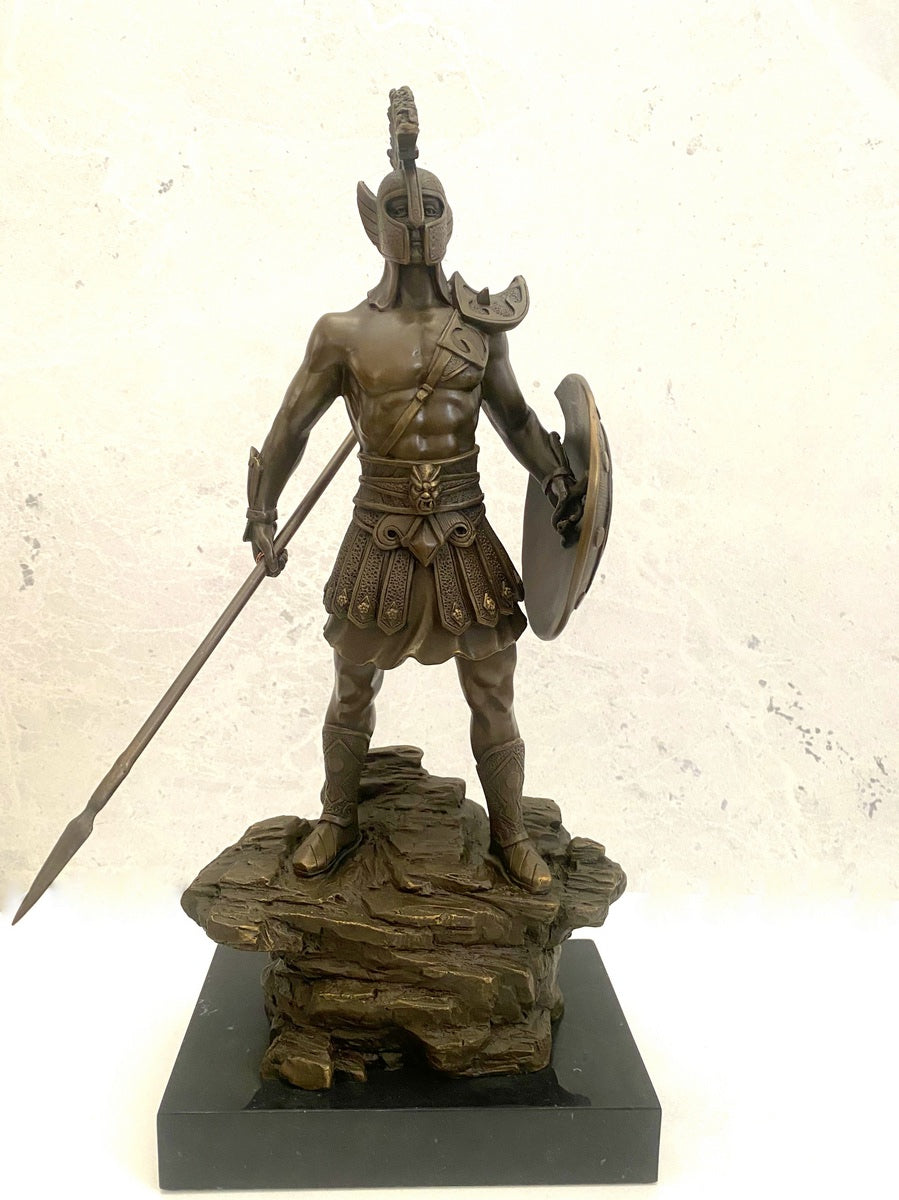 Bronzefigur Spartaner mit Speer und Schild - Bronze Krieger auf Marmorsockel