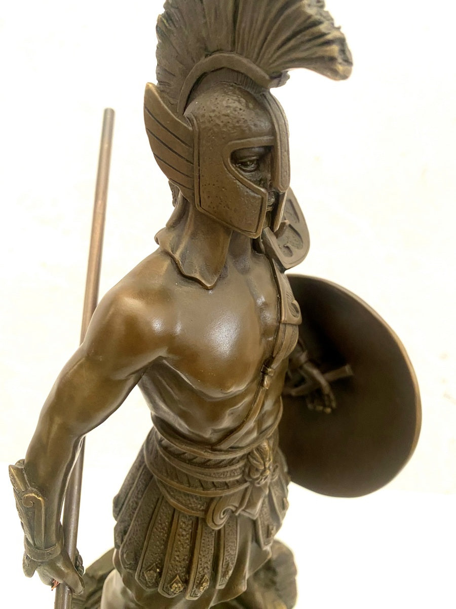 Bronzefigur Spartaner mit Speer und Schild - Bronze Krieger auf Marmorsockel
