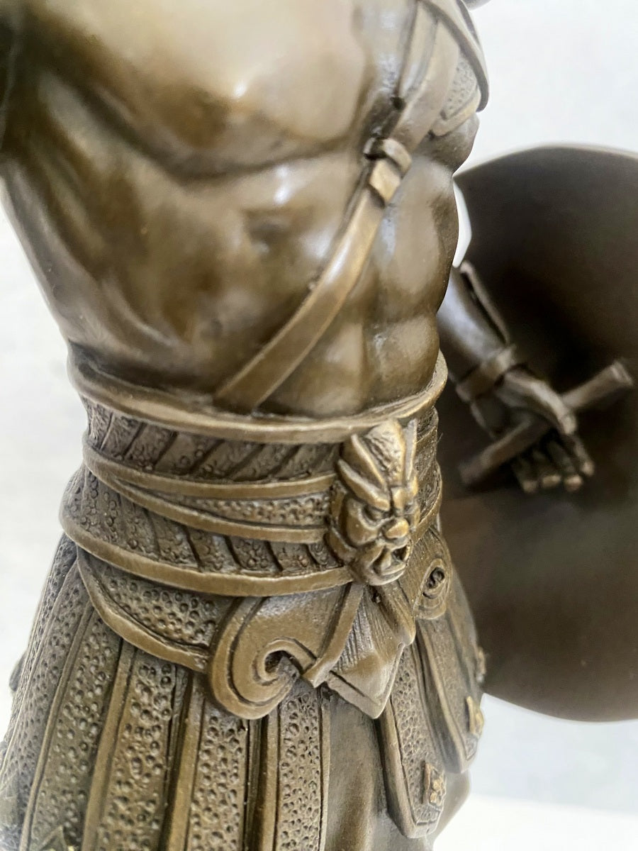 Bronzefigur Spartaner mit Speer und Schild - Bronze Krieger auf Marmorsockel