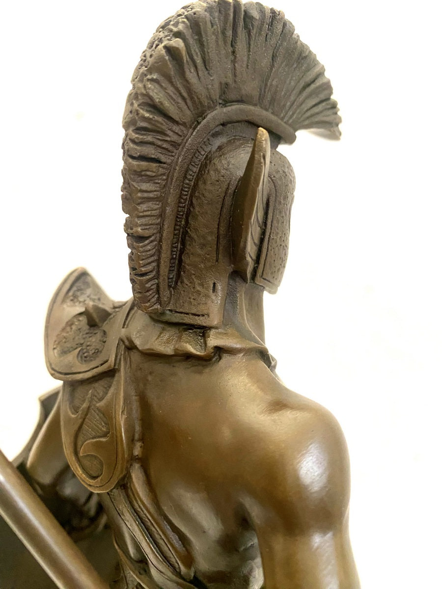Bronzefigur Spartaner mit Speer und Schild - Bronze Krieger auf Marmorsockel