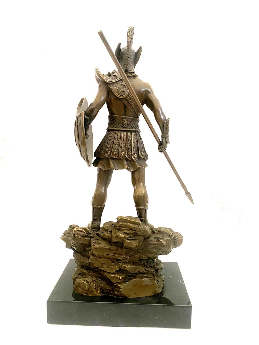 Bronzefigur Spartaner mit Speer und Schild - Bronze Krieger auf Marmorsockel