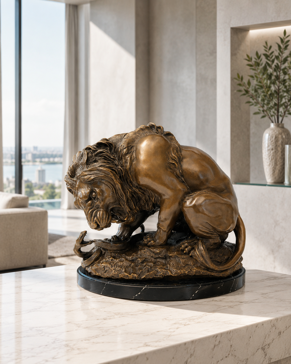 Löwe Statue aus Bronze – Löwe Skulptur mit Schlange nach Antoine-Louis Barye