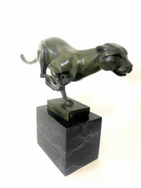 Bronze big cat sprinting on marble base with artist signature