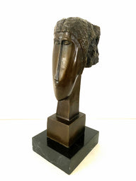 Modigliani Büste aus Bronze – Kopf Skulptur auf Marmorsockel signiert