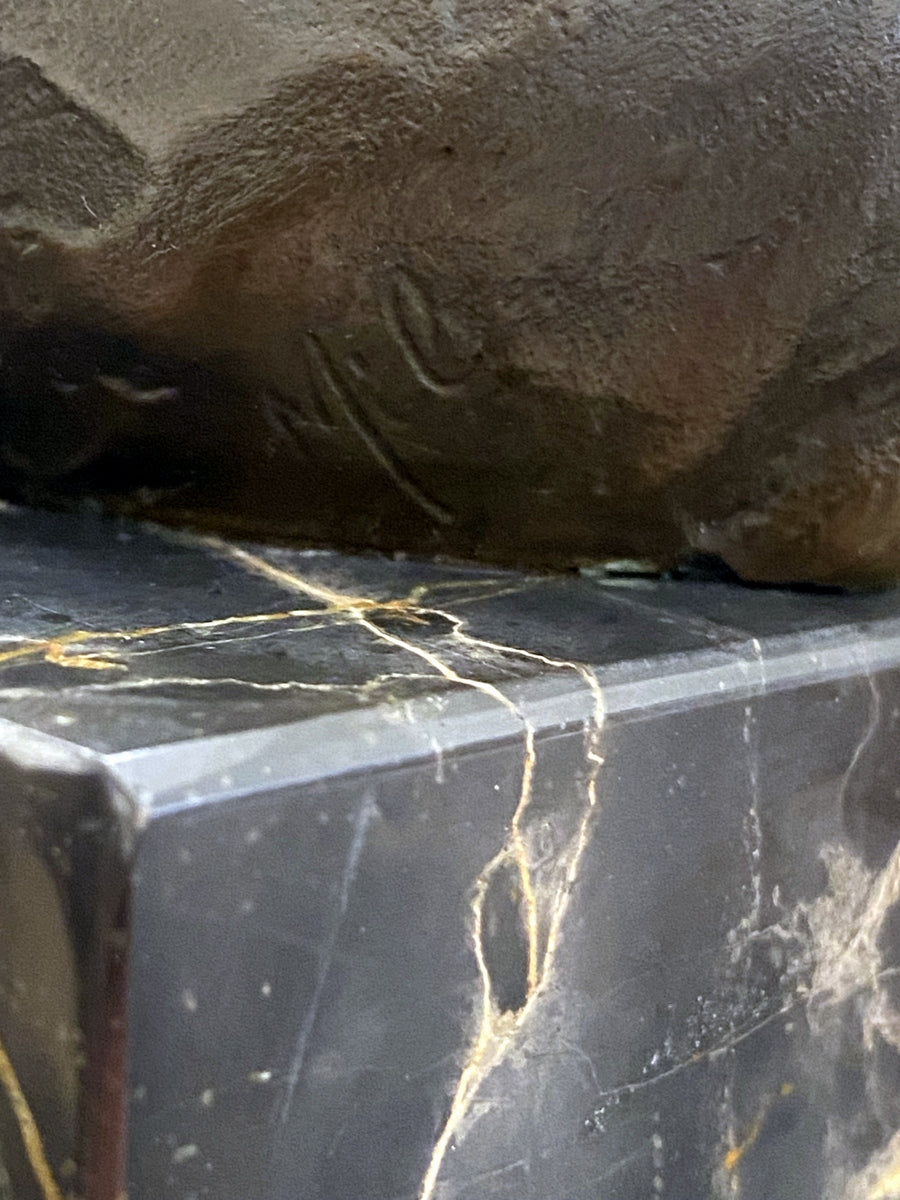 Bronzefigur sitzendes Nashorn aus Bronze auf Marmorsockel signiert Milo