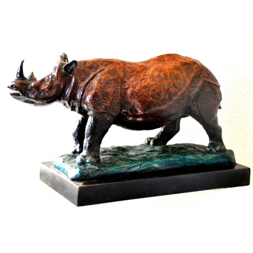 Bronze figure - Indian rhinoceros in bronze on marble base with artist signature