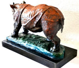 Bronze figure - Indian rhinoceros in bronze on marble base with artist signature