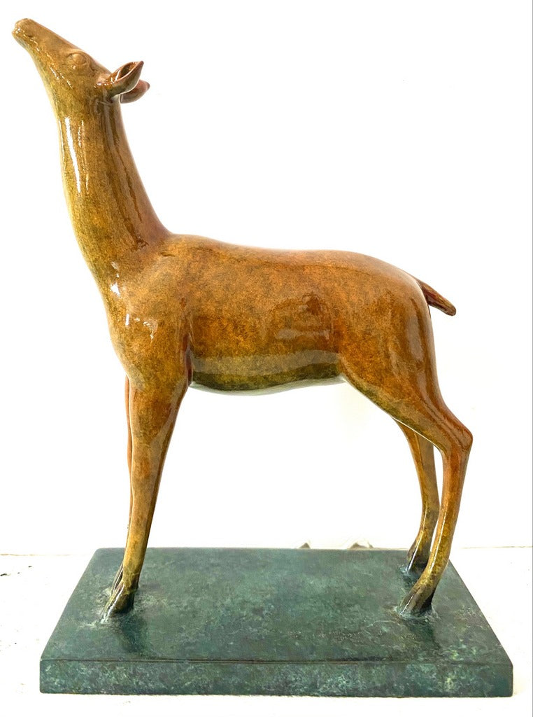 Bronze figure - deer on bronze plate with artist signature Milo