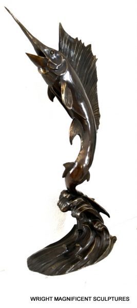 Large bronze swordfish on fine white marble with artist signature