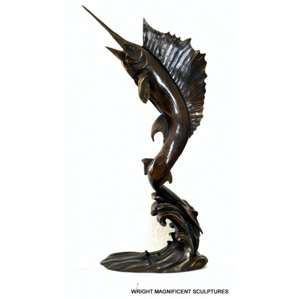 Large bronze swordfish on fine white marble with artist signature