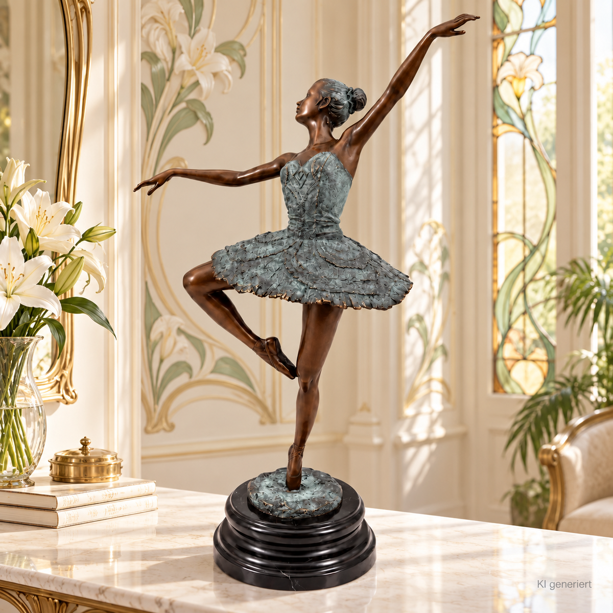 Bronze-Ballerina nach Edgar Degas in einem hellen Salon mit floraler Jugendstil-Dekoration-Stimmungsbild