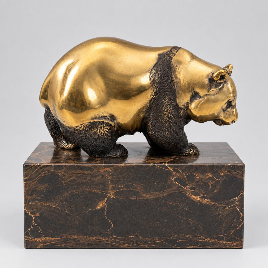 Goldbrauner Bronzebär auf Marmorsockel in seitlicher Ansicht.