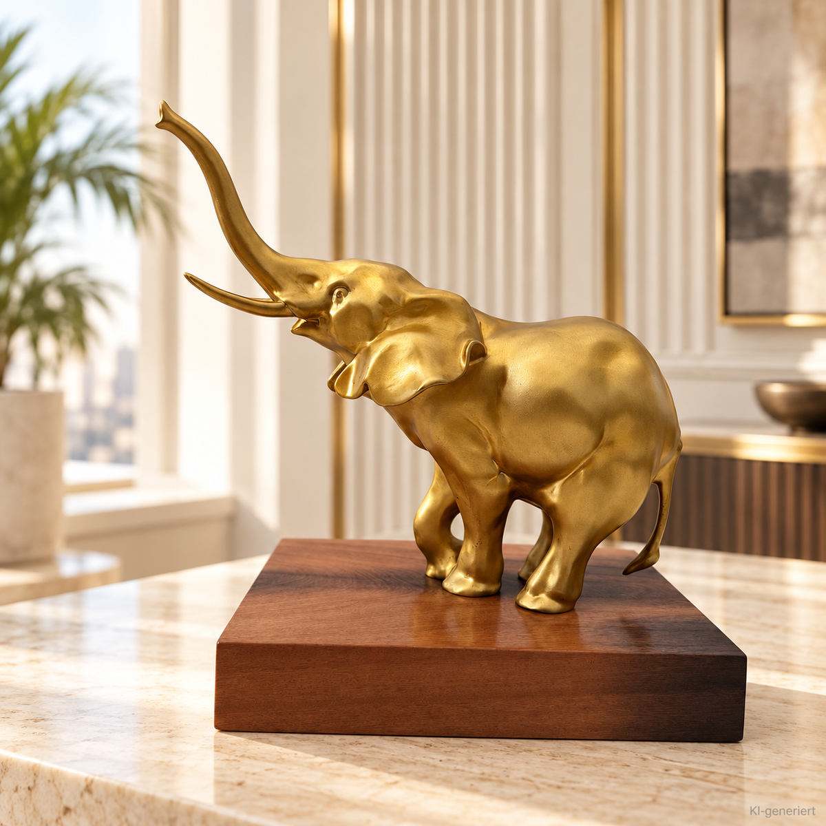 Goldfarbene Elefantenfigur aus Bronze auf einem Tisch in einem hellen Wohnambiente mit großen Fenstern.