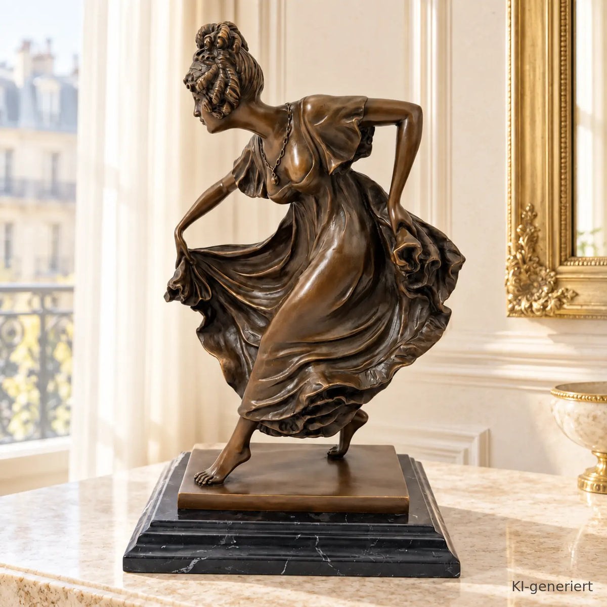 Bronzefigur einer Tänzerin mit schwingendem Kleid auf schwarzem Marmorsockel, Stimmungsbild