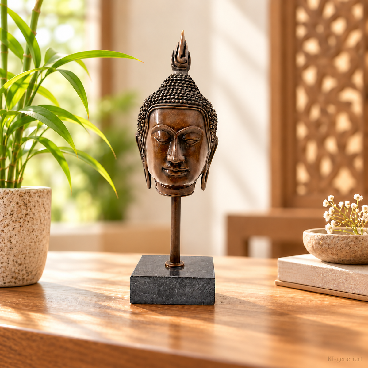 Buddha Kopf aus Bronze als dekorative Skulptur in ruhigem asiatischem Wohnambiente