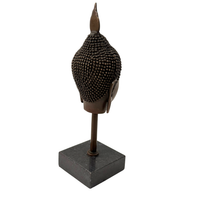 Buddha Kopf Skulptur aus Bronze – Rückansicht von Kopf, Flammenspitze und Sockel