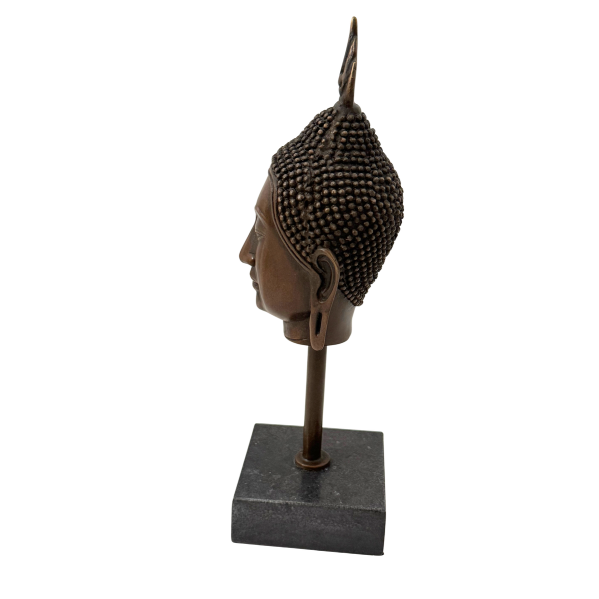 Buddha Kopf aus Bronze auf Sockel – seitliche Profilansicht