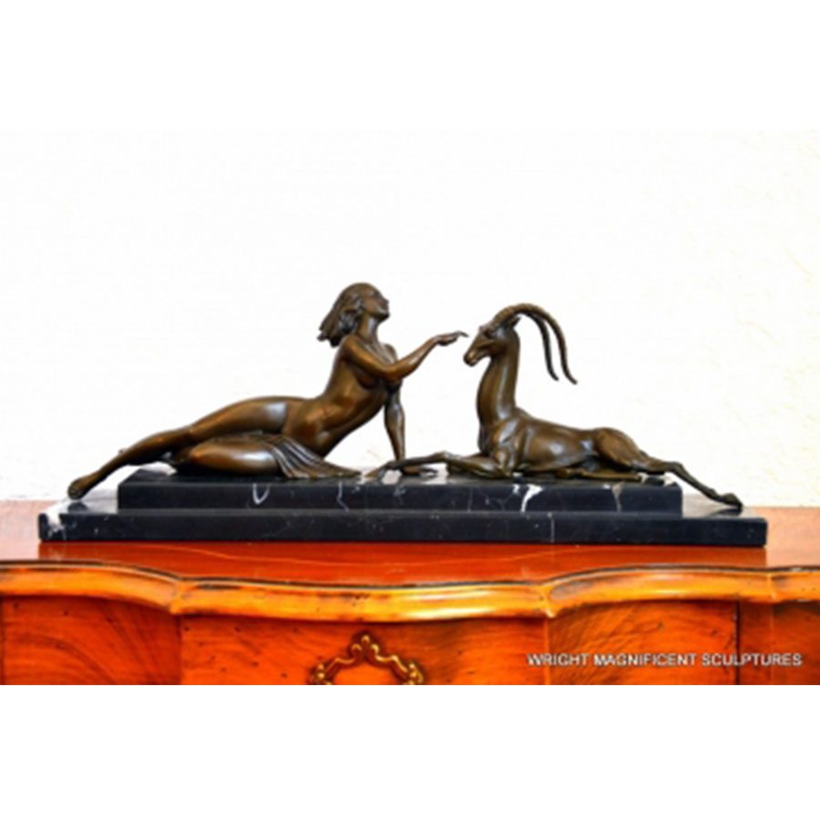 Bronze figure - Art Deco nude with gazelle signed Fayral on marble base