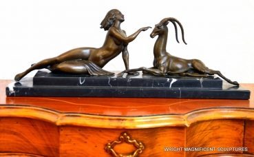 Bronze figure - Art Deco nude with gazelle signed Fayral on marble base