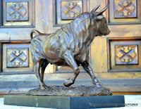 Bronze bull on marble base with artist signature classic patinated