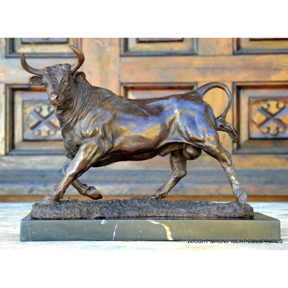 Bronze bull on marble base with artist signature classic patinated