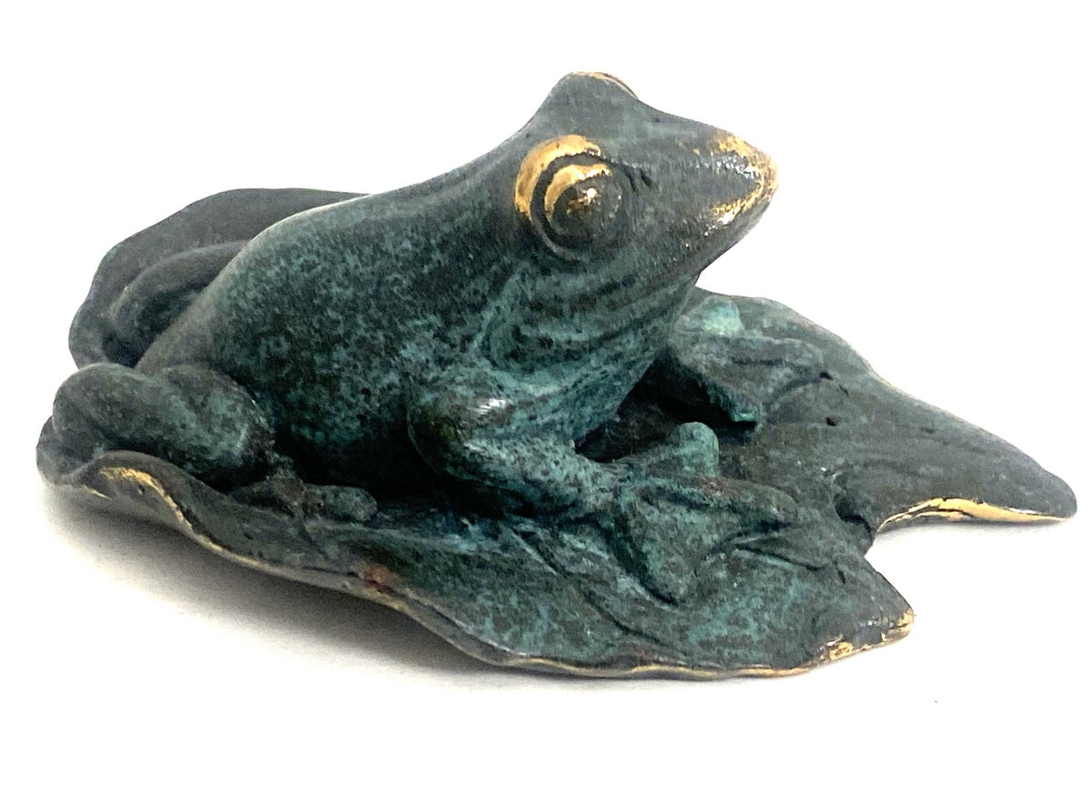 Bronzefrosch auf einem Blatt mit türkiser Patina in der Hauptansicht
