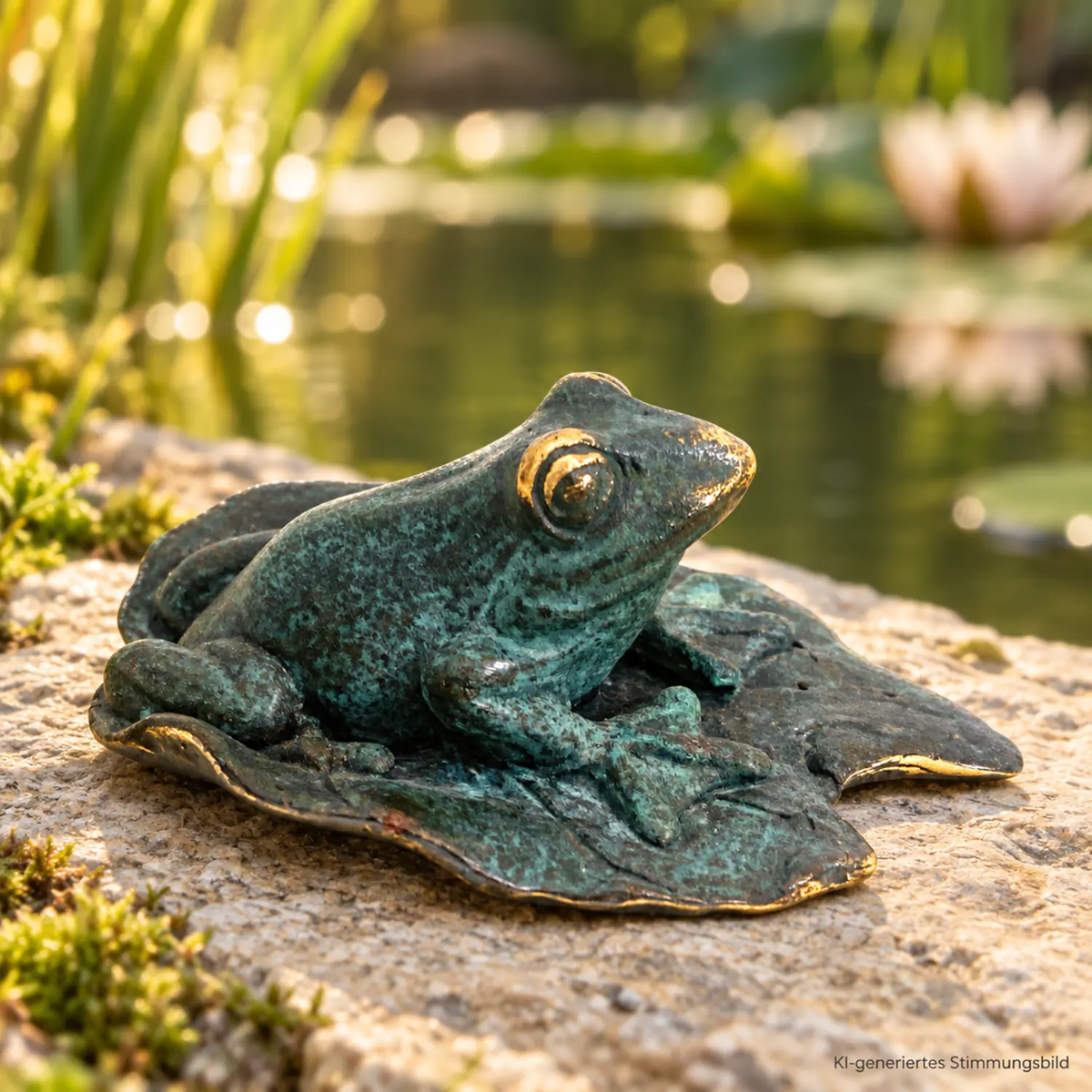 Bronzefrosch auf einem Blatt am Gartenteich, KI-generiertes Stimmungsbild