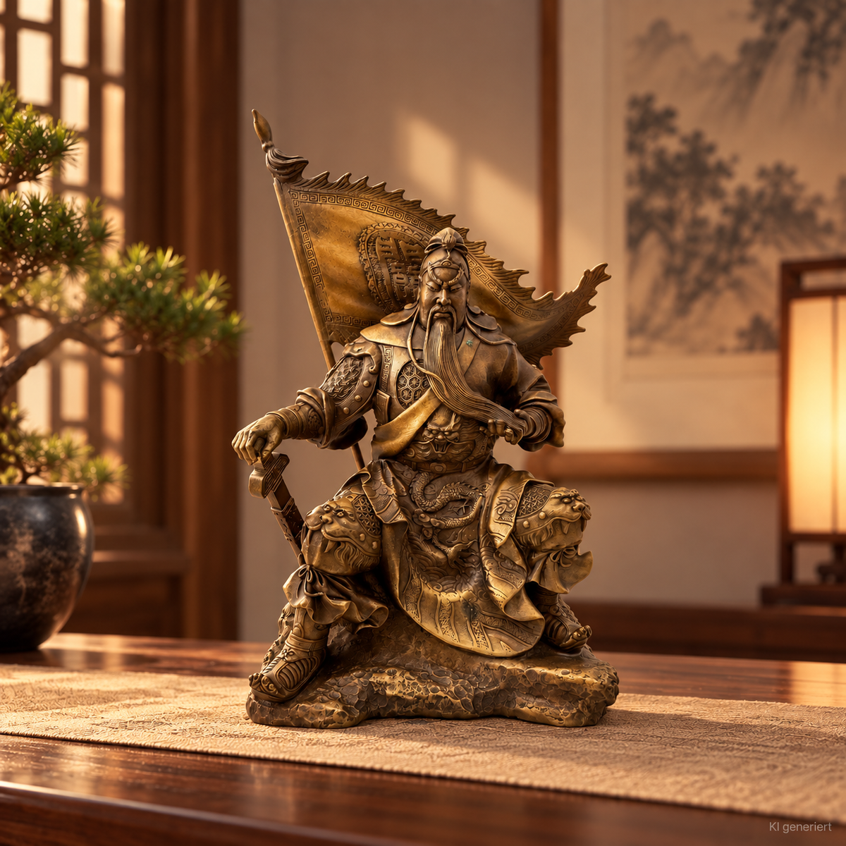 uan Yu Figur aus Bronze – KI-Stimmungsbild in asiatisch inspiriertem Interieur