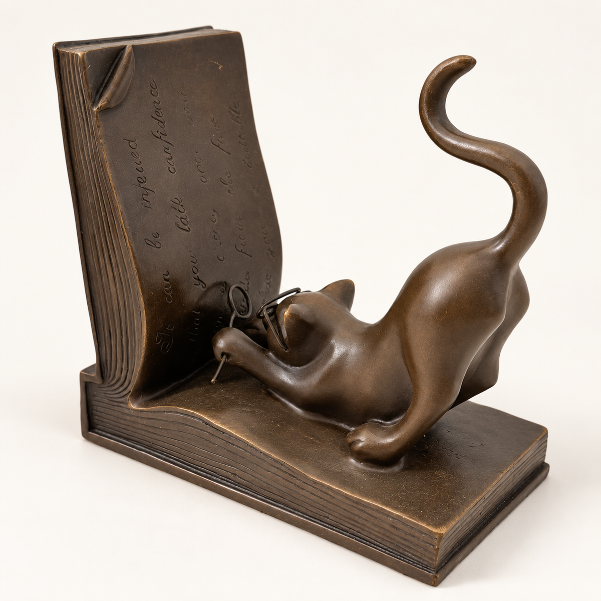 Katze aus Bronze mit Brille neben der aufgerichteten Buchseite links, mit Blick auf die gravierte Buchfläche.