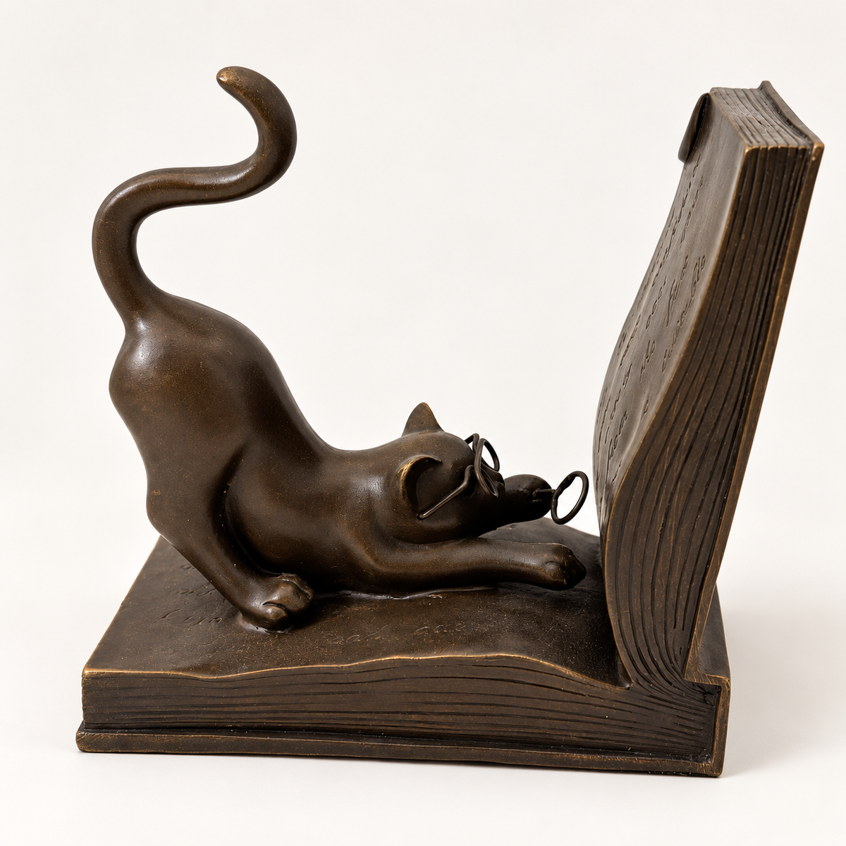 Katze aus Bronze mit Brille und hochgeschwungenem Schwanz vor einem aufgeschlagenen Buch, in Seitenansicht.