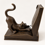 Katze aus Bronze mit Brille und hochgeschwungenem Schwanz vor einem aufgeschlagenen Buch, in Seitenansicht.