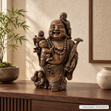 Lachender Buddha aus Bronze mit fünf Kindern, Perlenkette und verziertem Zepter -Stimmungsbild
