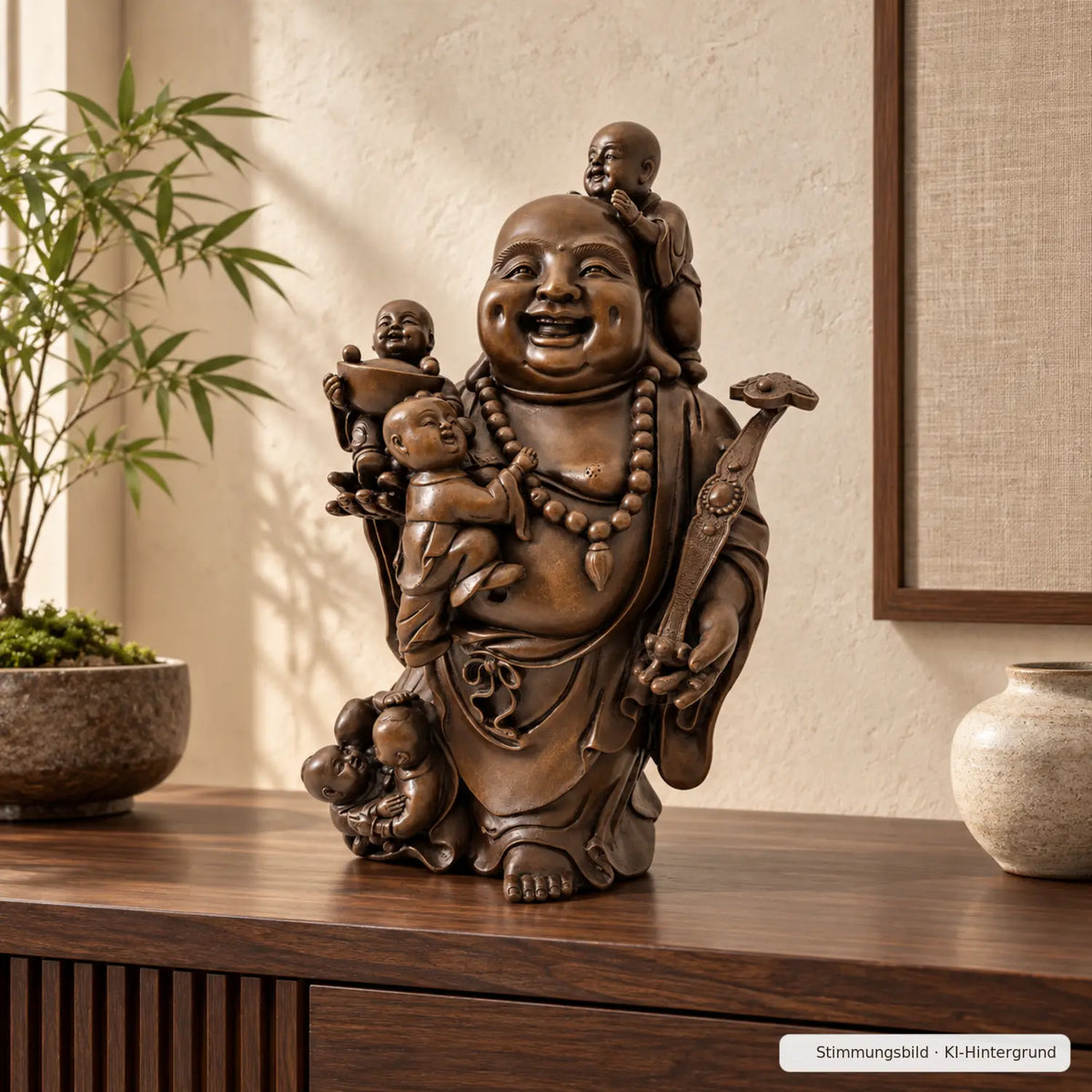 Lachender Buddha aus Bronze mit fünf Kindern, Perlenkette und verziertem Zepter -Stimmungsbild