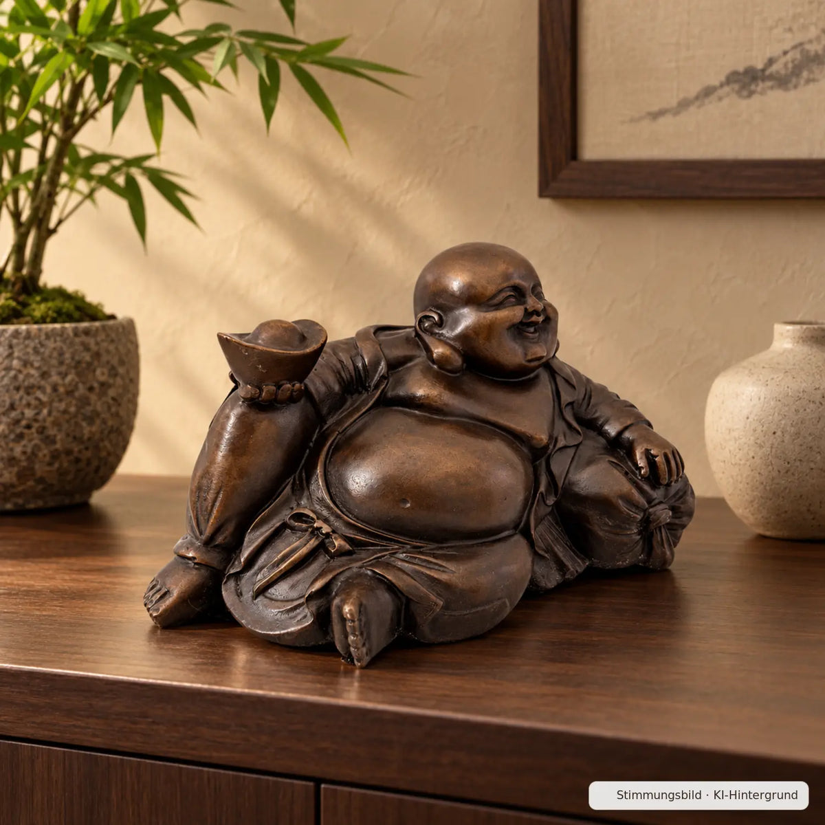 Liegender lachender Buddha aus Bronze als KI-unterstütztes Stimmungsbild in einem stilvollen Wohnambiente