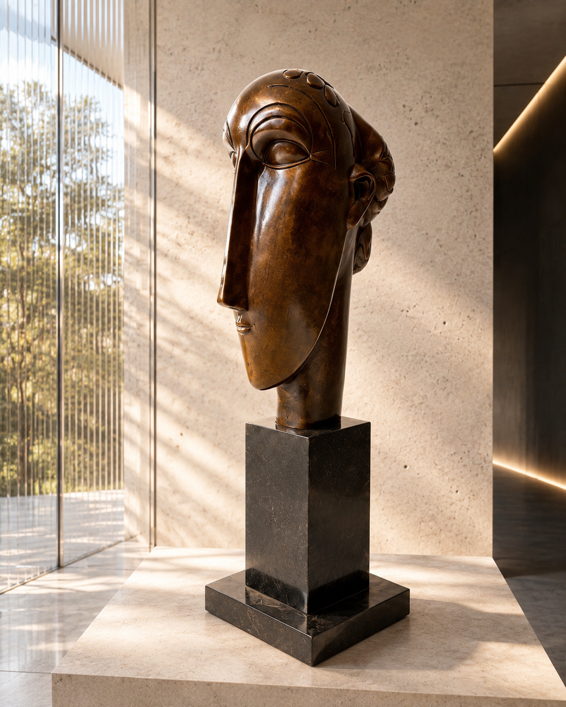 Bronzeskulptur Kopf nach Amedeo Modigliani – elegantes Stimmungsbild im Interieur