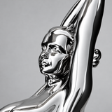 Gesichtsdetail der Raymondo Bronzeskulptur aus schräger Vorderansicht, mit spiegelnder Chromoberfläche und erhobenen Armen.