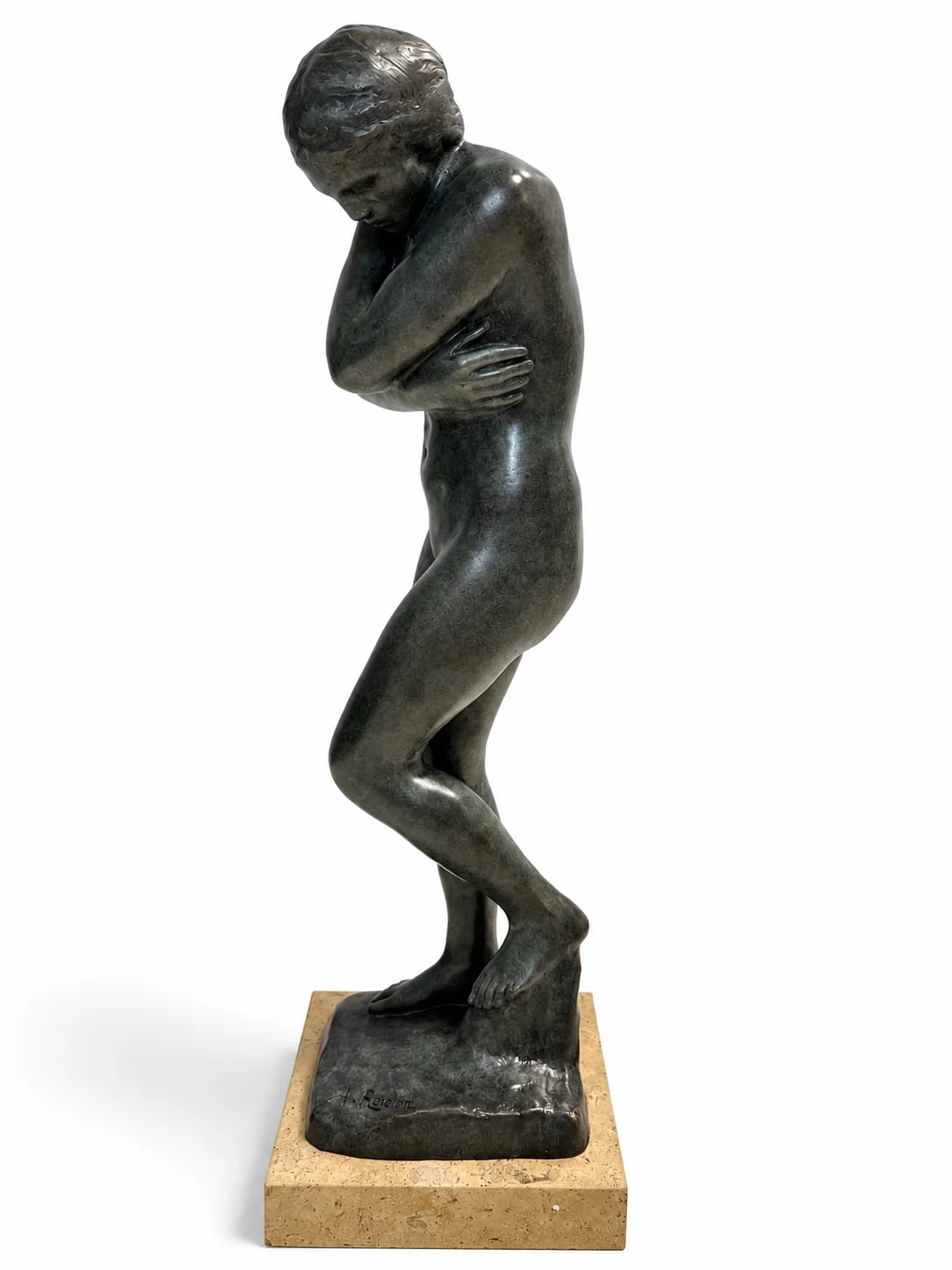 Eva nach dem Sündenfall von Auguste Rodin – Bronze-Skulptur auf Marmorsockel, Seitenansicht links