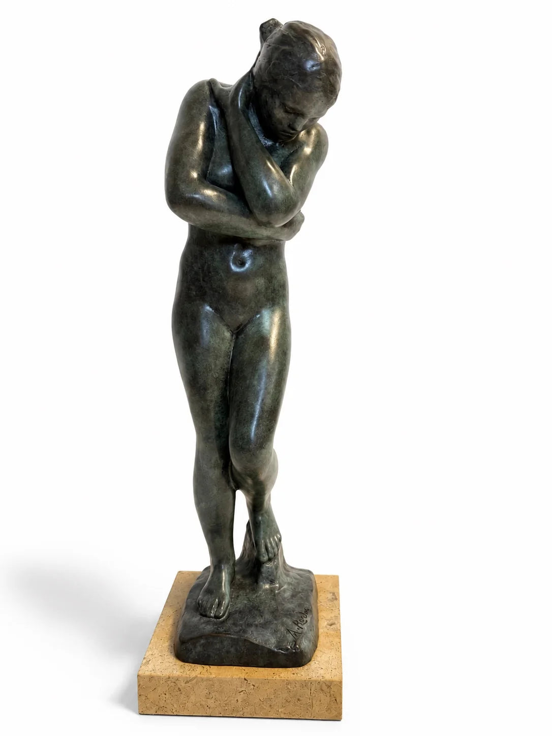 Eva nach dem Sündenfall von Auguste Rodin – Bronze-Statue auf Marmorsockel, Frontalansicht