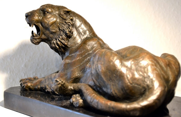 Bronze Tiger Sculpture signed ALBarye on marble base